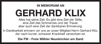 Traueranzeige von Gerhard Klix von Pegnitz-Zeitung